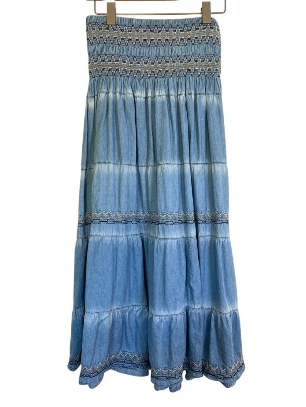 Boho Indigo Lace Womens Sz S Broomstick Maxi Skirt Smocked Tiered Embroidered - Picture 6 of 14